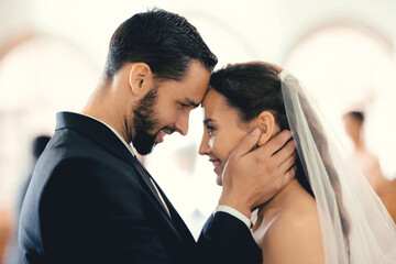 Couple love, wedding and face together for support, care and trust. Happy bride, groom smile and forehead eye contact for marriage, happiness and romantic partnership on special day celebration