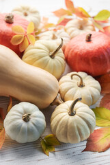 Autumn leaves and pumpkins over old wooden background