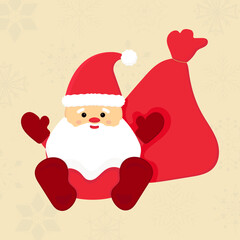 Retro style illustration with cute Santa and a sack of gifts on a beige background with snowflakes