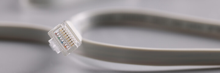 Internet connectors on grey background, cable with plastic clip