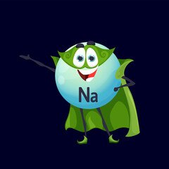 Fototapeta premium Cartoon sodium or natrium superhero micronutrient character. Comic vector Na supplement super hero personage in green cloak and mask. Healthy food bubble, isolated brave vtamin, fairy tale nutrient