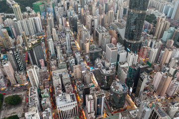 Aerial view of Hong Kong city in the evening