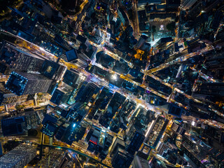Fototapeta na wymiar Top down view of the compact city in central of Hong Kong in the evening