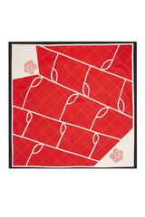Close-up shot of a large square silk scarf with white ornaments. The red square scarf with a black trim is isolated on a white background. Top view. Unfolded.