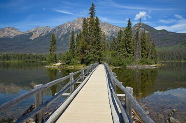 View of Pyramid Island on Pyramid Lake and Pyramid Mountain in Jasper National Park,Alberta,Canada,North America
