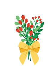 Bouquet with yellow bow, red berries and leaves. Flat, cartoon, vector