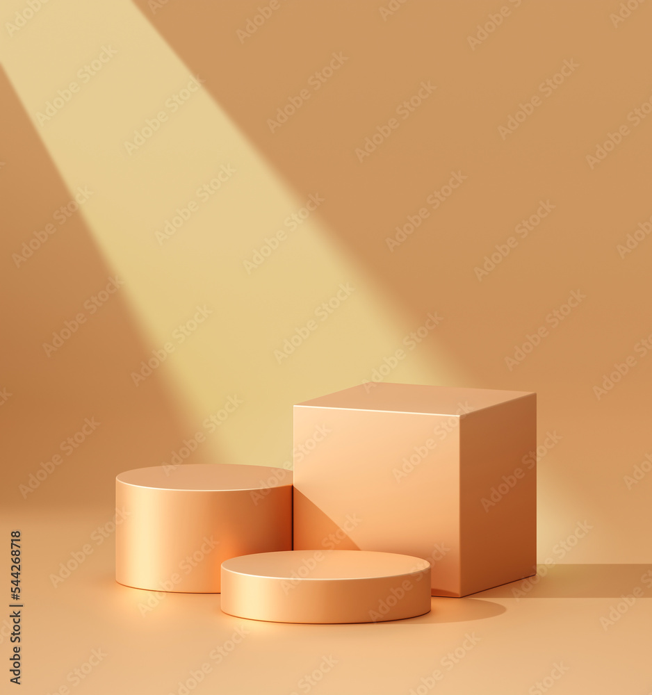Poster Gold podium stage 3d background of empty luxury show product display scene presentation template or golden pedestal elegant advertising showcase stand mockup and premium cosmetic beauty sale concept.