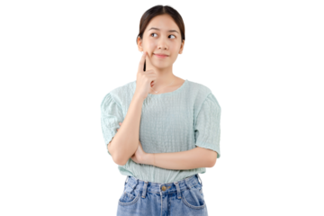 Beautiful young Asian girl thinking and looking upwards. The concept of content thinks about future. PNG file format transparent background.