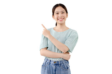 Asian pretty girl pointing finger to the side. PNG file format transparent background.