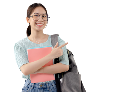 Asian pretty girl pointing finger to the side. PNG file format transparent background.