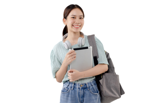 Happy Young Asian student girl holding tablet computer PNG file format transparent background.