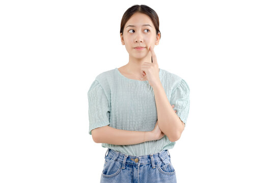 Beautiful Young Asian Girl Thinking And Looking Upwards. The Concept Of Content Thinks About Future. PNG File Format Transparent Background.