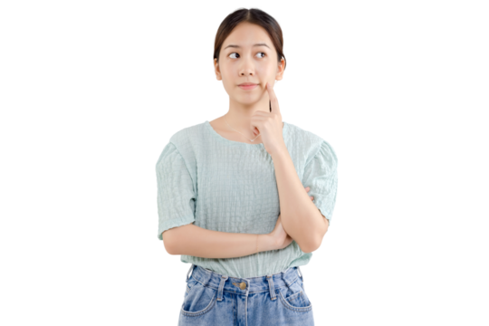 Beautiful young Asian girl thinking and looking upwards. The concept of content thinks about future. PNG file format transparent background.