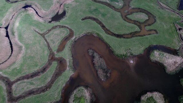 Vast Landscape Of Salt Marshes At The River Of Tollesbury Marina, Essex, United Kingdom. Aerial Tilt-down