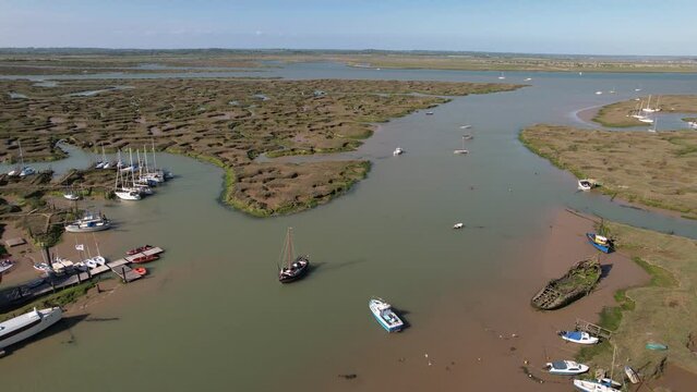 Aerial Panoramic View Of  Boats Mooring In Tollesbury Marina With Salt Marshes In Essex, United Kingdom. 
