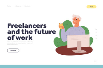 Freelancer future of work concept of landing page with man freelance worker at comfortable workplace