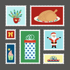 Set marks. Christmas stamps. Flat, cartoon, vector