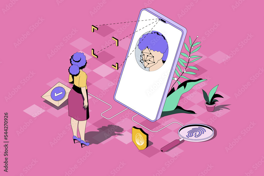 Poster Biometric control web concept in 3d isometric design. Woman uses secure access with face recognition and fingerprint scan authentication methods. Web illustration with people isometry scene