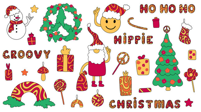 Groovy hippie Christmas clip art: baubles, rainbow, wreath, stars, snowman, smile, santa claus, lollipops, stocking, christmas tree, gift box, lettering