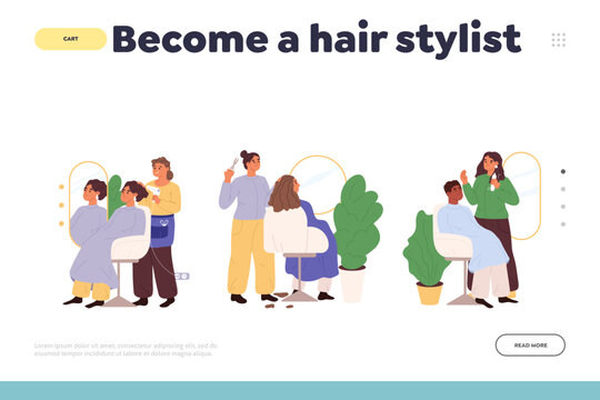 Become hair stylist concept of landing page with hairdressers studying at courses in hairdo school