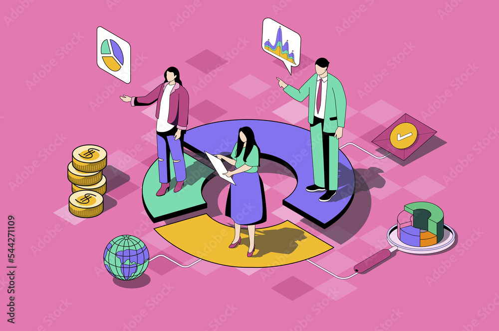 Poster Focus group web concept in 3d isometric design. Man and woman make opinions of audience, analyzing data in diagrams and optimize business process. Web illustration with people isometry scene