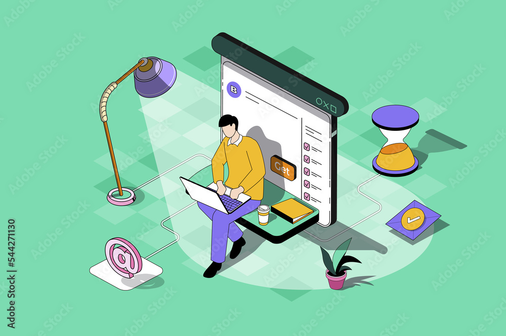 Leinwandbilder Freelance work web concept in 3d isometric design. Man working on laptop and making tasks remotely, connecting with colleagues online from home. Web illustration with people isometry scene