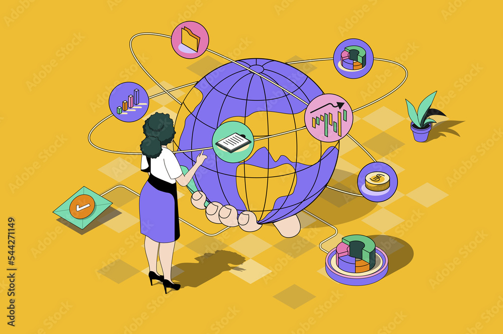 Poster global business web concept in 3d isometric design. woman works and develops international company, 
