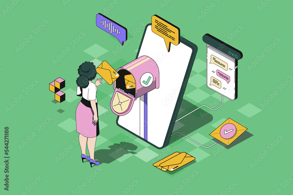 Aufkleber messaging service web concept in 3d isometric design. woman receives and sends envelopes and emails,