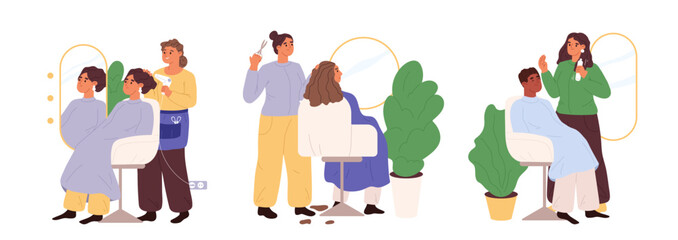 Hairdressers at work. Hairstylist cutting and drying hair to clients in salon and barbershop