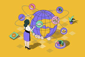 Global business web concept in 3d isometric design. Woman works and develops international company, sets tasks for employees and expands business. Web illustration with people isometry scene