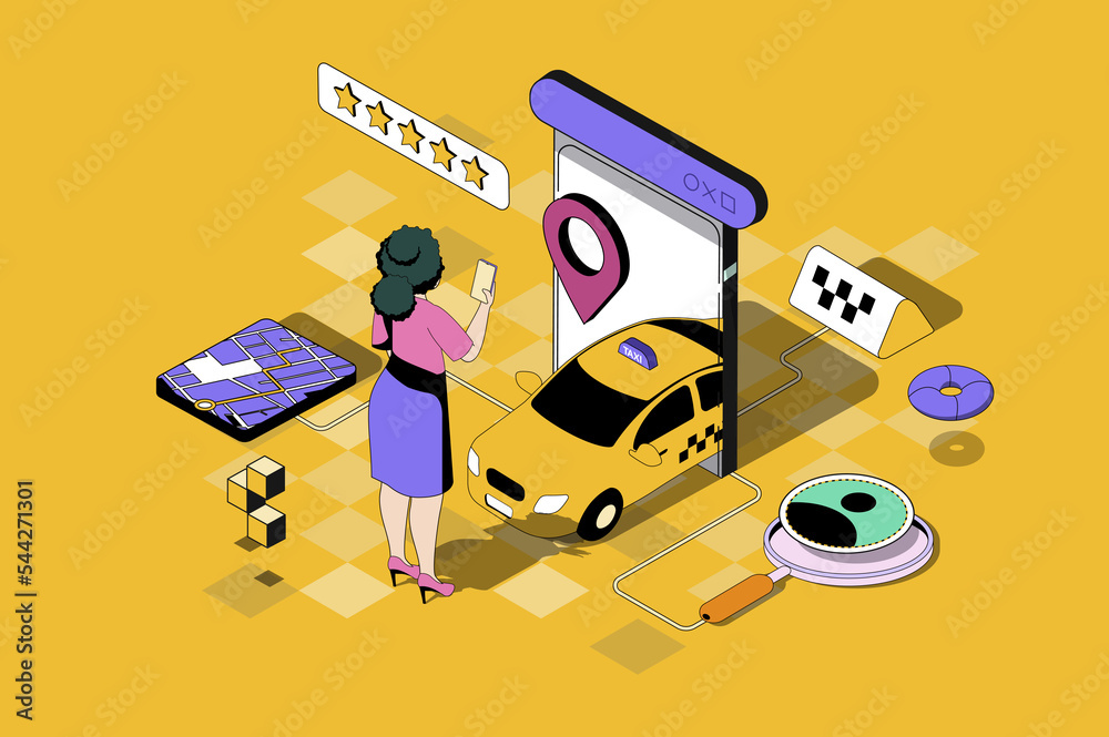 Poster Taxi booking web concept in 3d isometric design. Woman holding smartphone with taxi application, ordering car with top rating and tracking online. Web illustration with people isometry scene