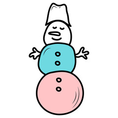 Cute doodle snowman with a bucket on head. Winter vector illustration