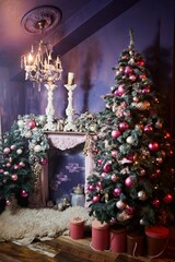 Room decorated for Christmas or new year. The interior of the room with a Christmas tree and decorations