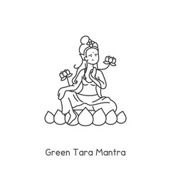 Goddess Green Tara mantra of the Indians Faith kawaii doodle flat cartoon vector illustration