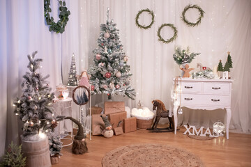 Beautiful holdiay decorated room with Christmas tree