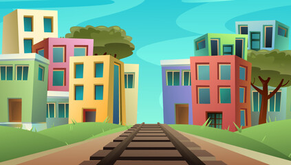 Railway track road through cozy town. Path for train going into distance. Rails and sleepers. Cartoon fun style. Flat design. Vector.