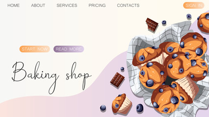 Muffins with berries, chocolates. Baking, bakery shop, cooking, sweet products, dessert, pastry concept. Vector illustration for poster, banner, website, advertising.