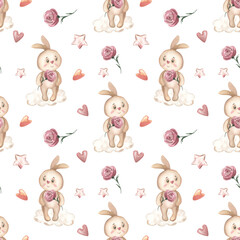 Plakat Watercolor Bunny with rose flower, hearts, stars on white background. Seamless