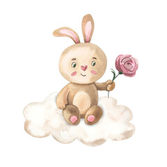 Watercolor Bunny with rose flower on cloud. Cute animal for kids.
