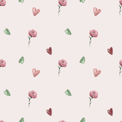 Tiny rose and hearts on pink background. Watercolor flowers for valentines day.