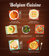 Belgian cuisine menu with food, lunch and dinner meals, vector restaurant poster. Belgium traditional food dishes, beer steamed mussels and Belgian waffles, braised endive with bacon and cream - obrazy, fototapety, plakaty