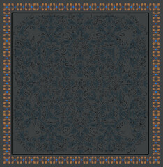 Vector carpet print on a beige floral damask  pattern background. Fashionable  classical flowers borders, Baroque fantasy botanical florals frame. Scarf, shawl, rug art design textile printing
