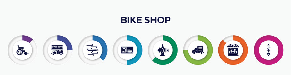 infographic element with bike shop filled icons. included wheel chair, double decker, turbulence, driving pass, army airplane bottom view, mini truck, bike shop, shock absorber vector.