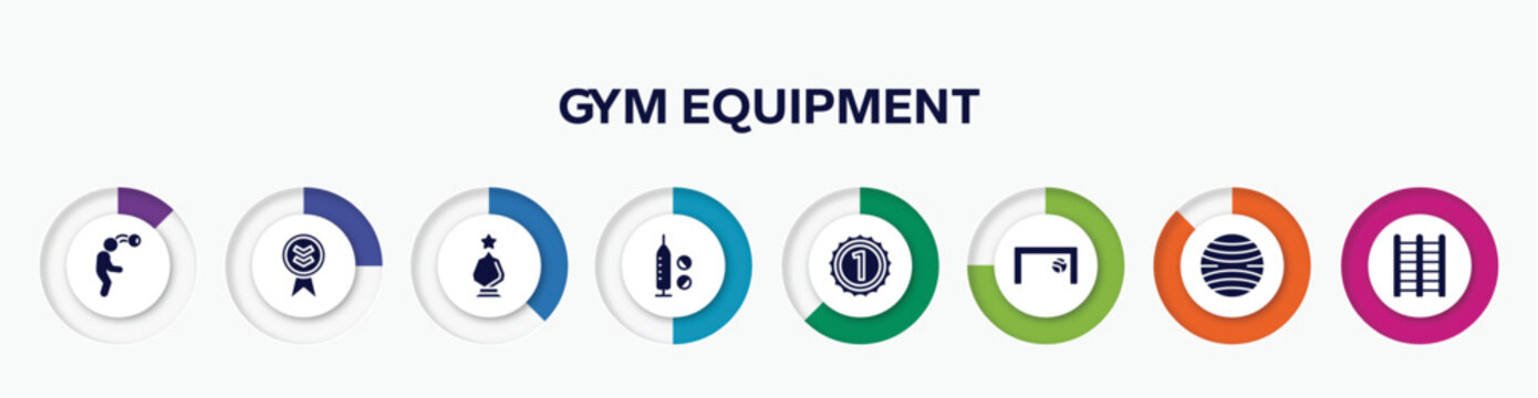 infographic element with gym equipment filled icons. included head hitting, down indicator, glass award, doping, number one, football goal, yoga ball, trellis vector.