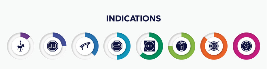 infographic element with indications filled icons. included carousel horse, swings, flyover bridge, smoke zone, dry medium heat, fire estinguisher, do not dry clean, shock vector. © VectorStockDesign