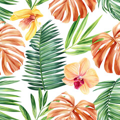 Tropical pattern. Jungle palm leaves and flowers watercolor painting