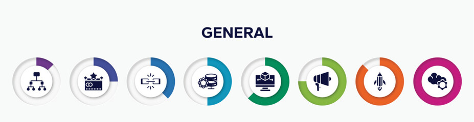 infographic element with general filled icons. included information architecture, credit rating, chain, data science, 3d modeling, agitation, creative pencil rocket, cloud service vector.