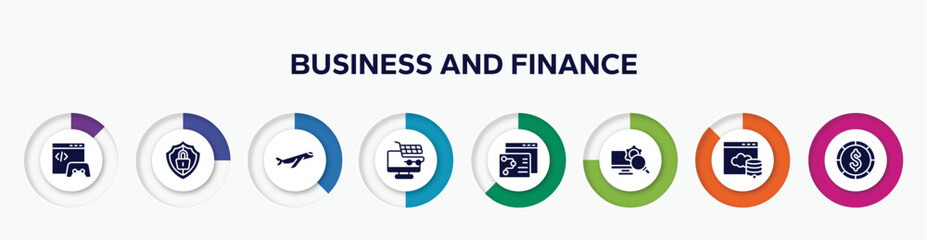 infographic element with business and finance filled icons. included game developing, big protection shield, inclined airplane, e commerce, seo strategy, monitoring system, web server, big dollar