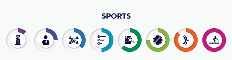 infographic element with sports filled icons. included atm hine, businessman with tie, employing, voting results, defining, banned, handball, water ski vector.