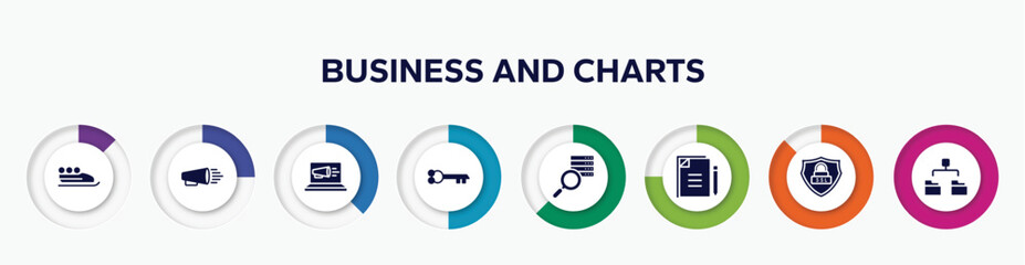 infographic element with business and charts filled icons. included bobsleigh, product promotion, laptop computer, old key in diagonal, data searching, copywriting, ssl, diagram folder vector.